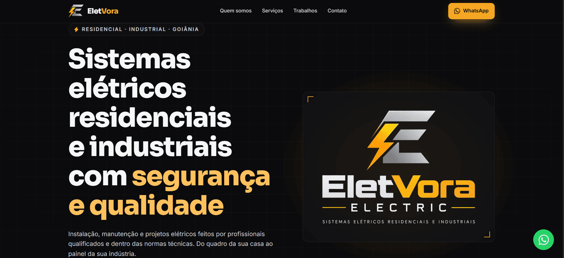 Hero do site da EletVora Electric: título “Sistemas elétricos residenciais e industriais com segurança e qualidade” ao lado da logo da empresa e botão do WhatsApp